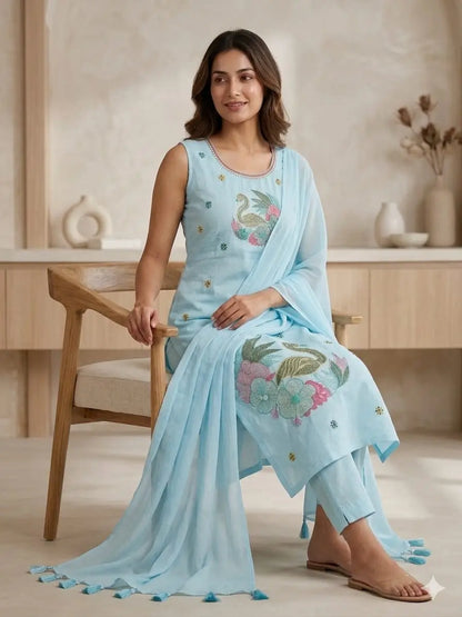 Swan Blue Embroidered Kurta Set