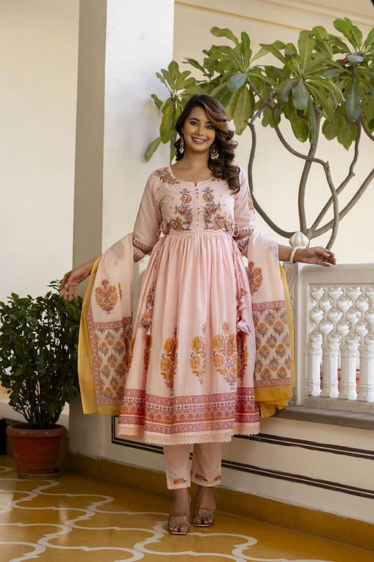 Blush Ethnic Block Print Cotton Kurta Set with Border Dupatta