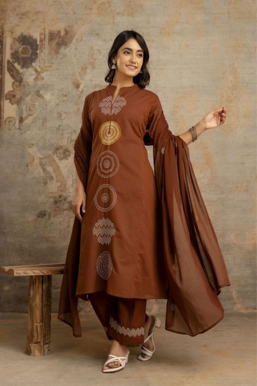 Geo-Print Cotton Kurta Pant Set with Dupatta