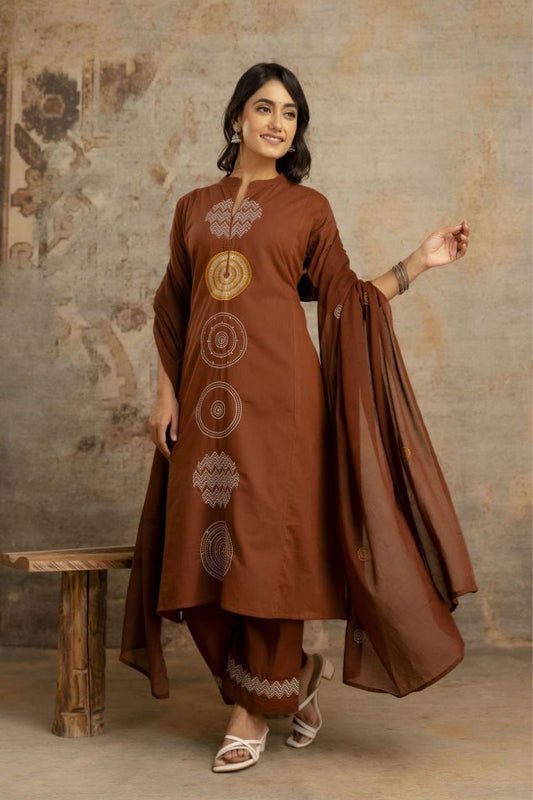 Chocolate Geo-Print Cotton Kurta Pant Set with Dupatta