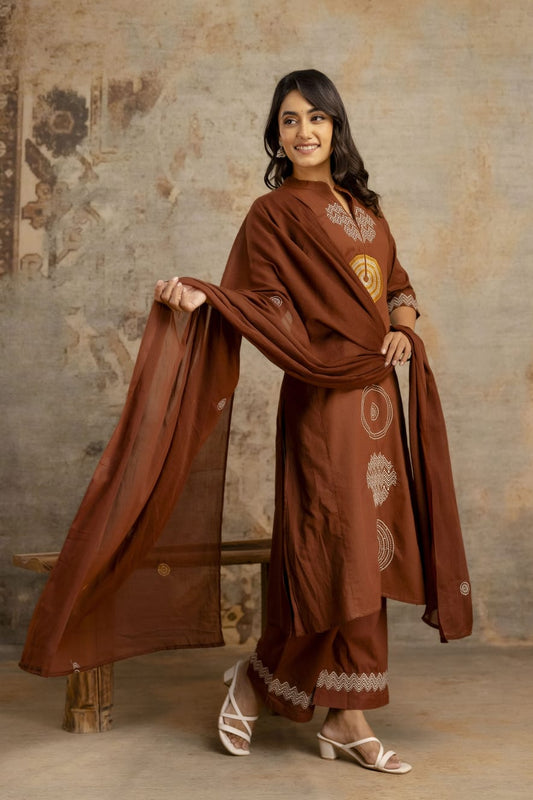 Chocolate Geo-Print Cotton Kurta Pant Set with Dupatta