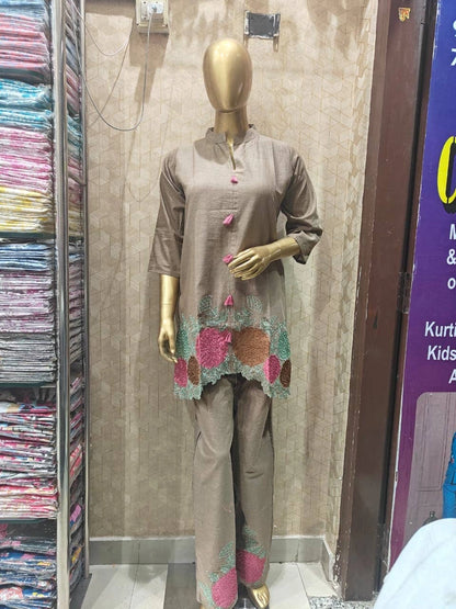 Floral Beige Embroidered Co-ord Set