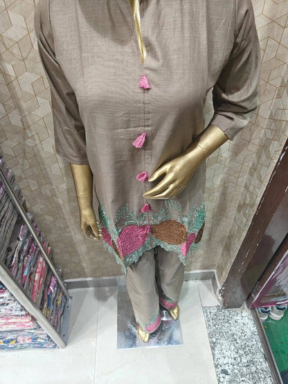 Floral Beige Embroidered Co-ord Set