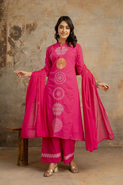 Fuchsia Graphic Motif Cotton Kurta Pant Set with Dupatta