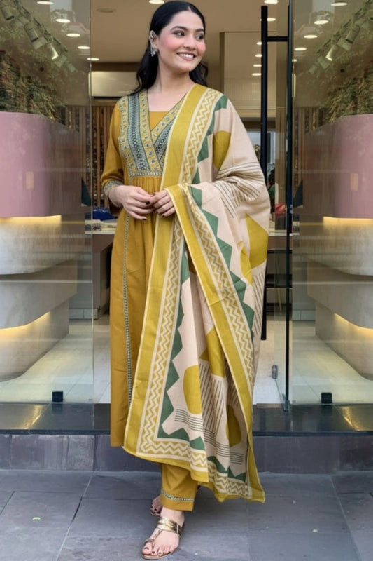Mustard Geo Bloom Kurta Set with Dupatta