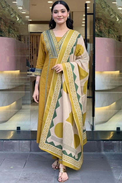 Mustard Geo Bloom Kurta Set with Dupatta