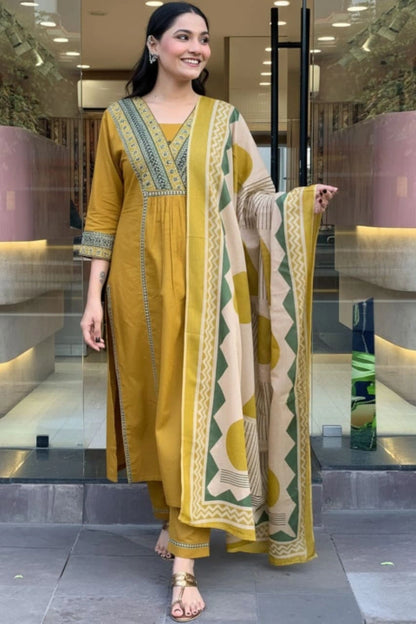 Mustard Geo Bloom Kurta Set with Dupatta