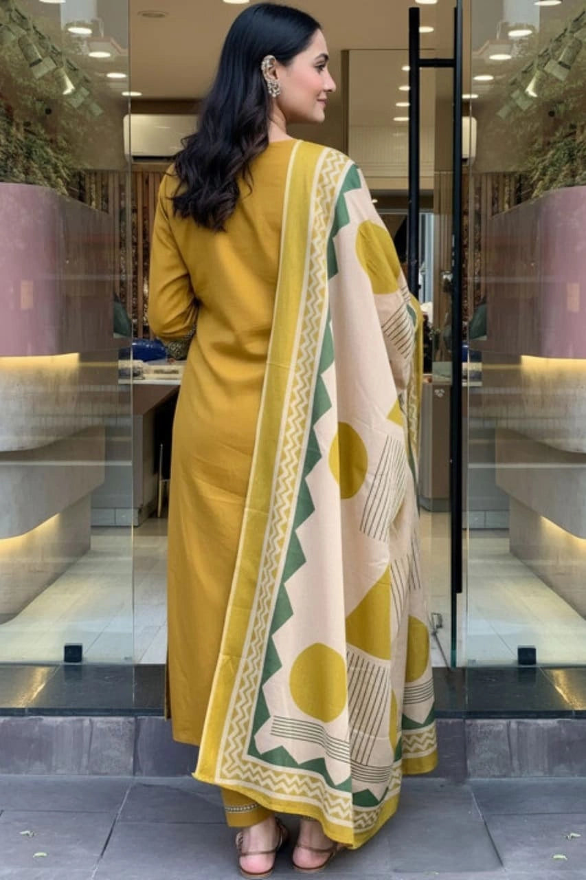 Mustard Geo Bloom Kurta Set with Dupatta