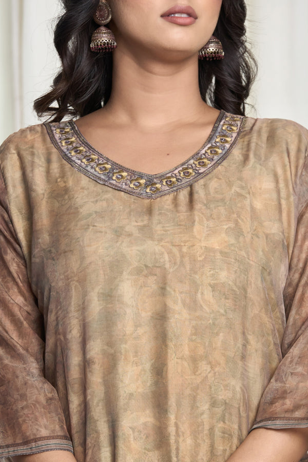 Golden Beige Chanderi Kurta Set with Embroidered Neckline & Printed Dupatta – Golden Dusk Floral