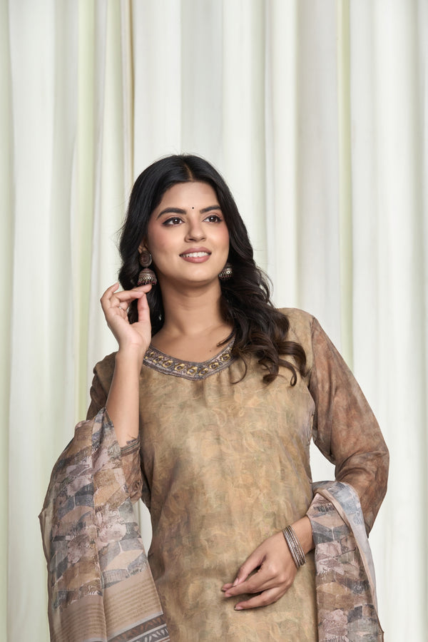 Golden Beige Chanderi Kurta Set with Embroidered Neckline & Printed Dupatta – Golden Dusk Floral