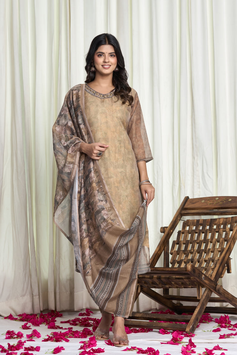 Golden Beige Chanderi Kurta Set with Embroidered Neckline & Printed Dupatta – Golden Dusk Floral