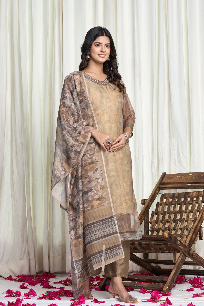 Golden Beige Chanderi Kurta Set with Embroidered Neckline & Printed Dupatta – Golden Dusk Floral