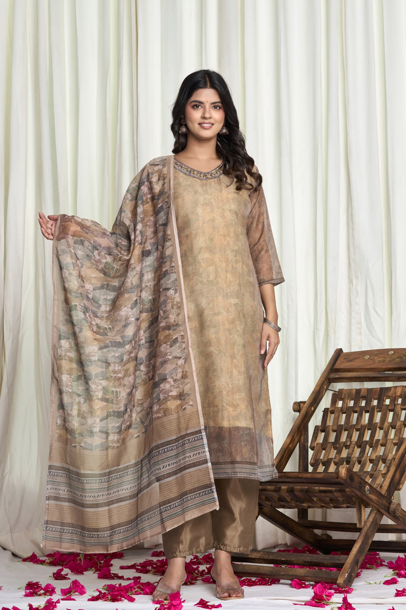 Golden Beige Chanderi Kurta Set with Embroidered Neckline & Printed Dupatta – Golden Dusk Floral