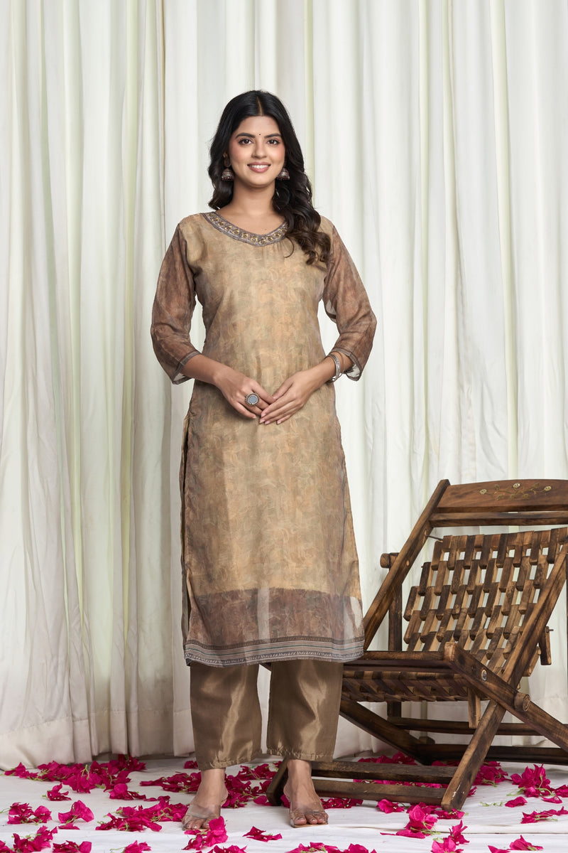 Golden Beige Chanderi Kurta Set with Embroidered Neckline & Printed Dupatta – Golden Dusk Floral