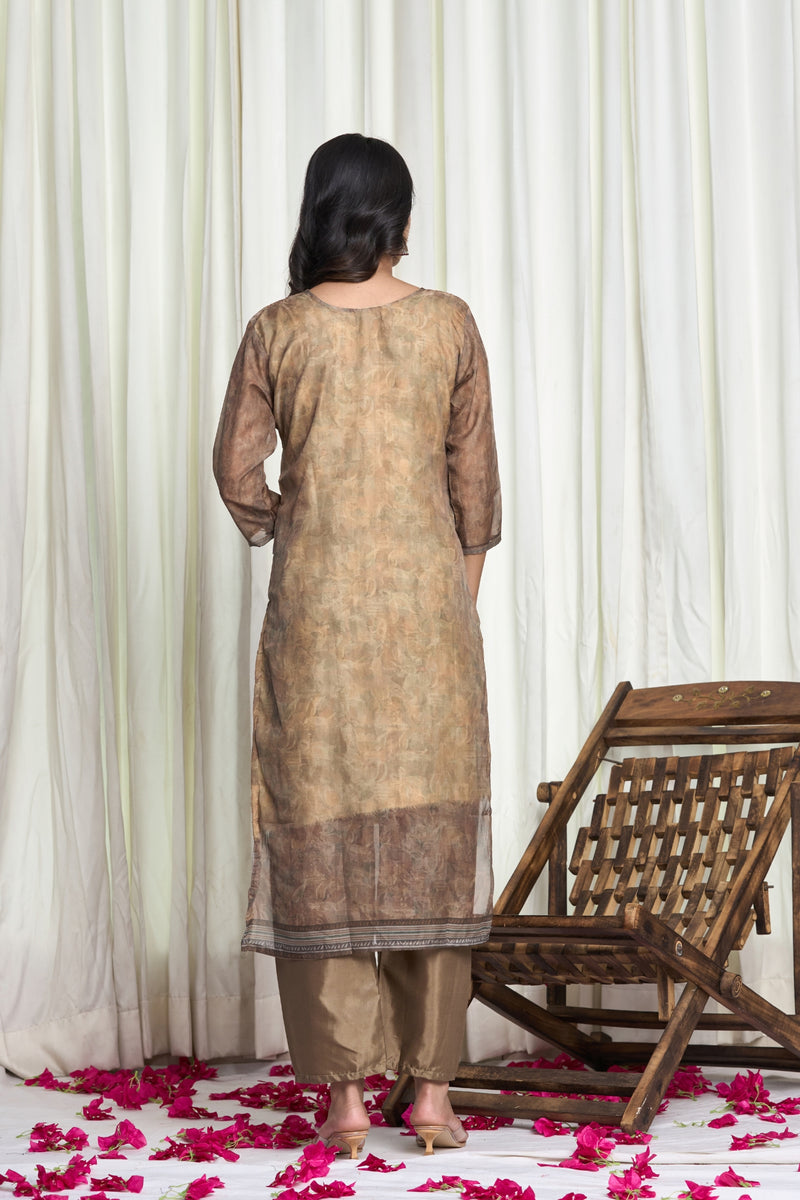 Golden Beige Chanderi Kurta Set with Embroidered Neckline & Printed Dupatta – Golden Dusk Floral