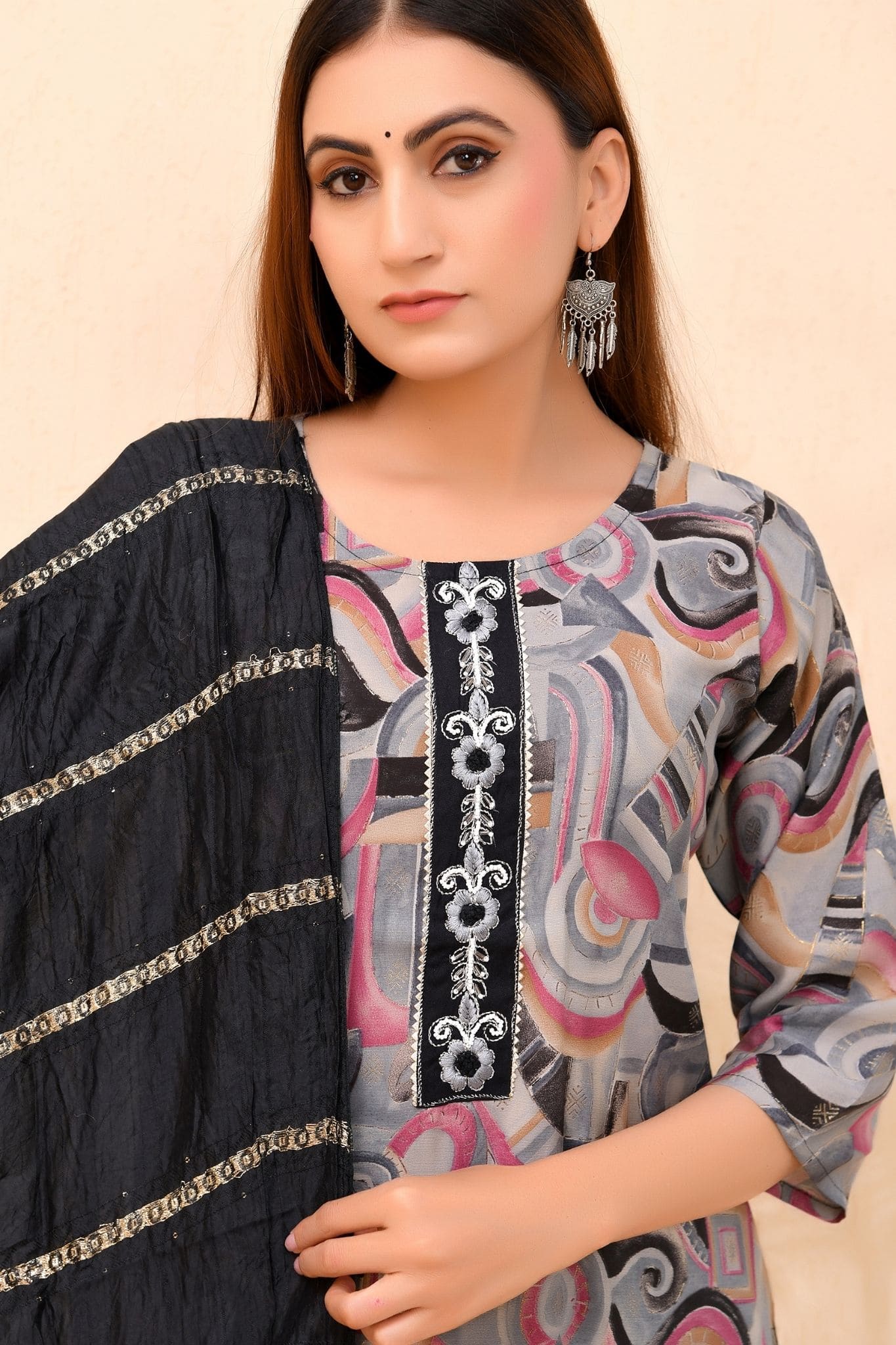 Grace Black – Printed Kurta Set with Embroidered Neckline Dupatta for Women