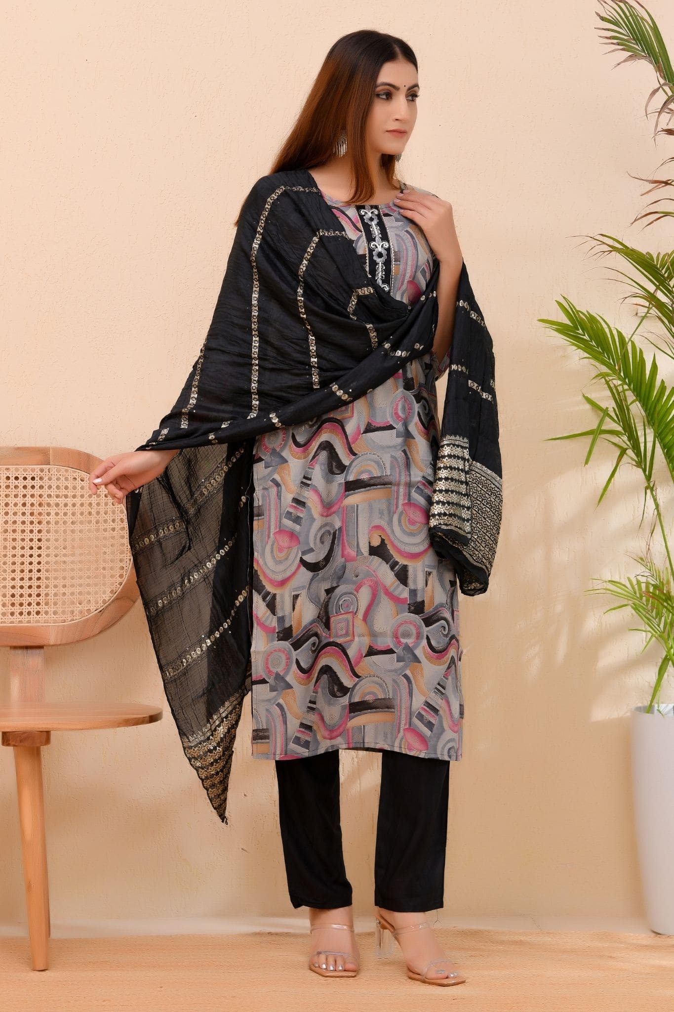Grace Black – Printed Kurta Set with Embroidered Neckline Dupatta for Women