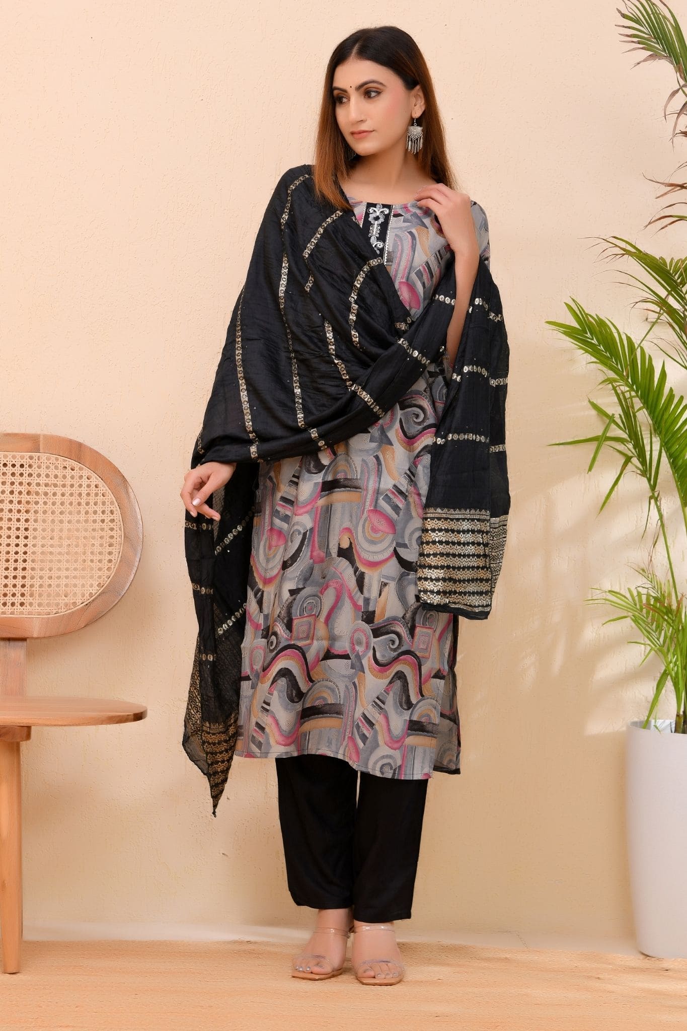 Grace Black – Printed Kurta Set with Embroidered Neckline Dupatta for Women