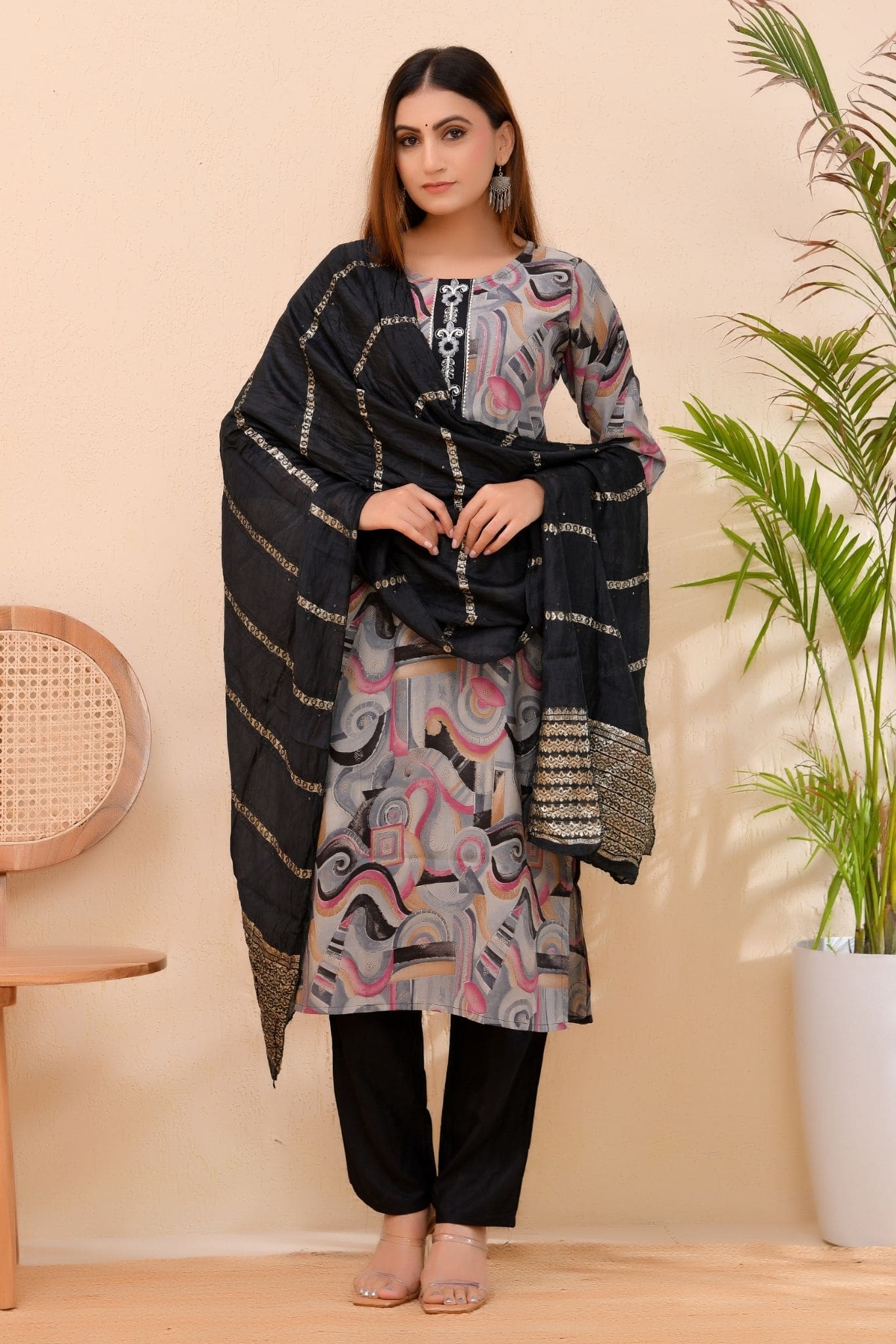 Grace Black – Printed Kurta Set with Embroidered Neckline Dupatta for Women