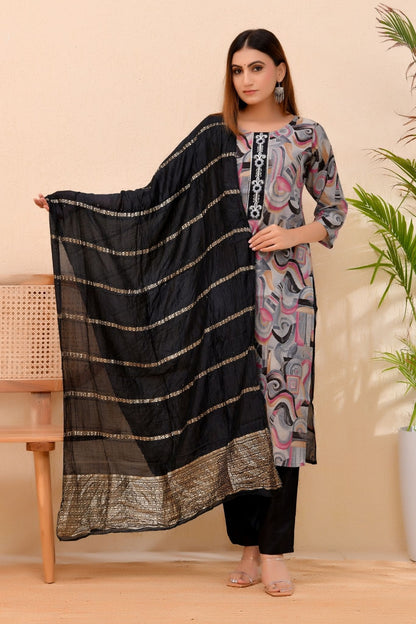 Grace Black – Printed Kurta Set with Embroidered Neckline Dupatta for Women