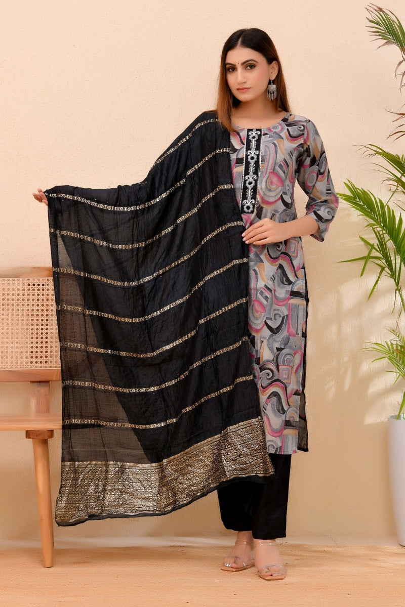 Grace Black – Printed Kurta Set with Embroidered Neckline Dupatta for Women