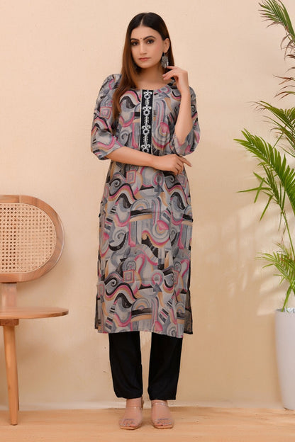 Grace Black – Printed Kurta Set with Embroidered Neckline Dupatta for Women