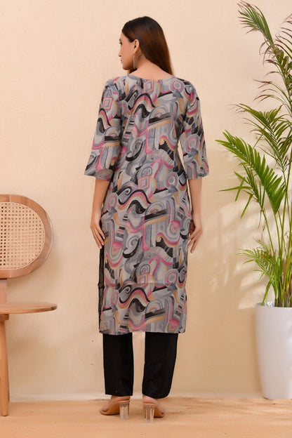 Grace Black – Printed Kurta Set with Embroidered Neckline Dupatta for Women