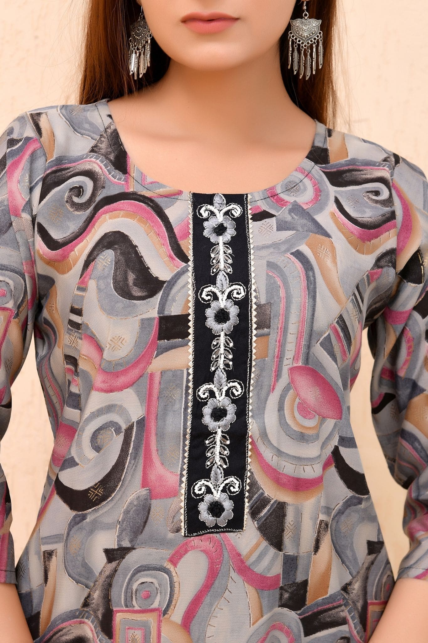 Grace Black – Printed Kurta Set with Embroidered Neckline Dupatta for Women