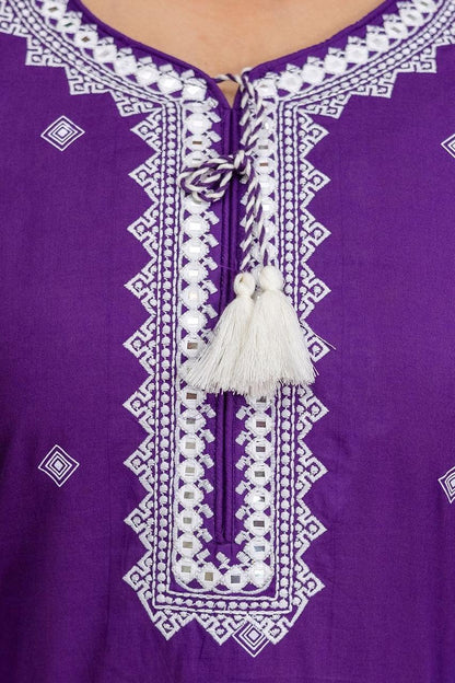 Purple Embroidered Cotton Kurta Set with Lace Border Dupatta