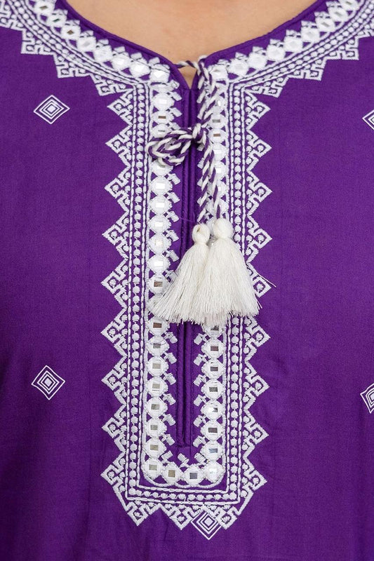 Purple Embroidered Cotton Kurta Set with Lace Border Dupatta