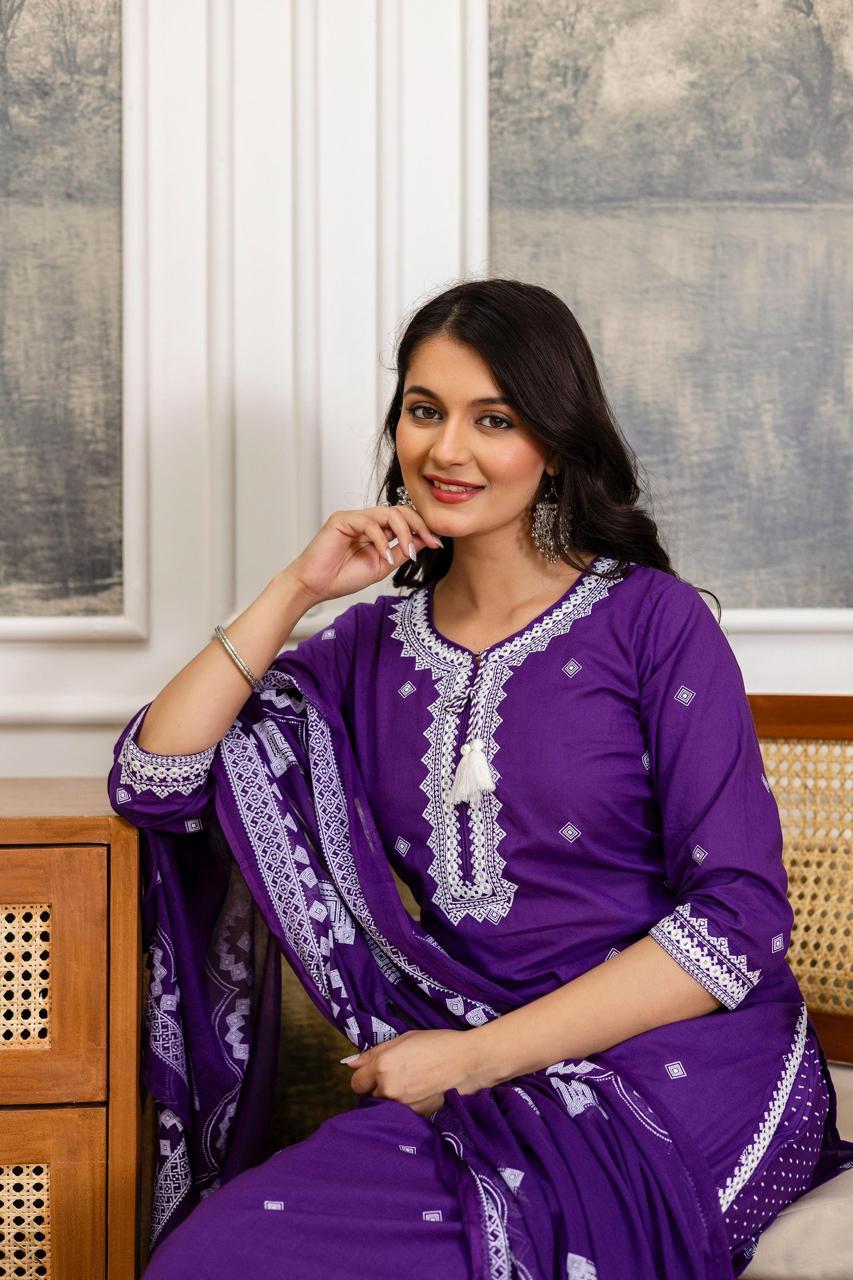 Purple Embroidered Cotton Kurta Set with Lace Border Dupatta