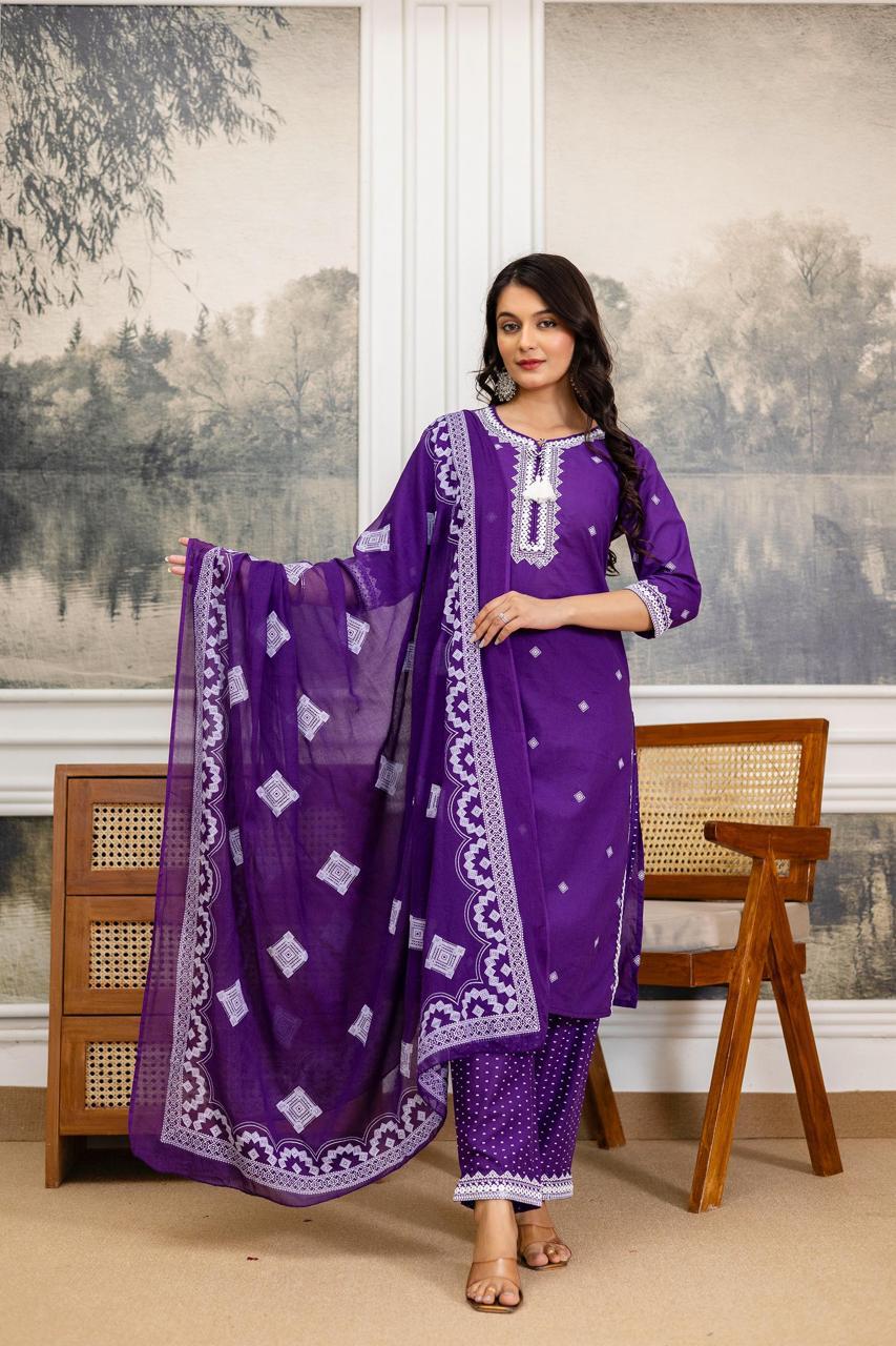 Purple Embroidered Cotton Kurta Set with Lace Border Dupatta
