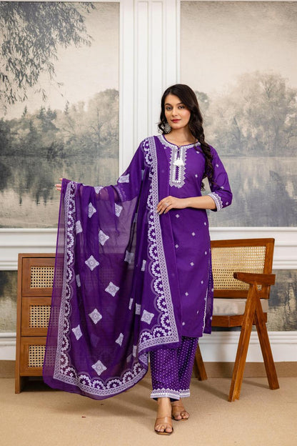 Purple Embroidered Cotton Kurta Set with Lace Border Dupatta