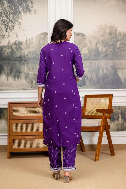 Purple Embroidered Cotton Kurta Set with Lace Border Dupatta