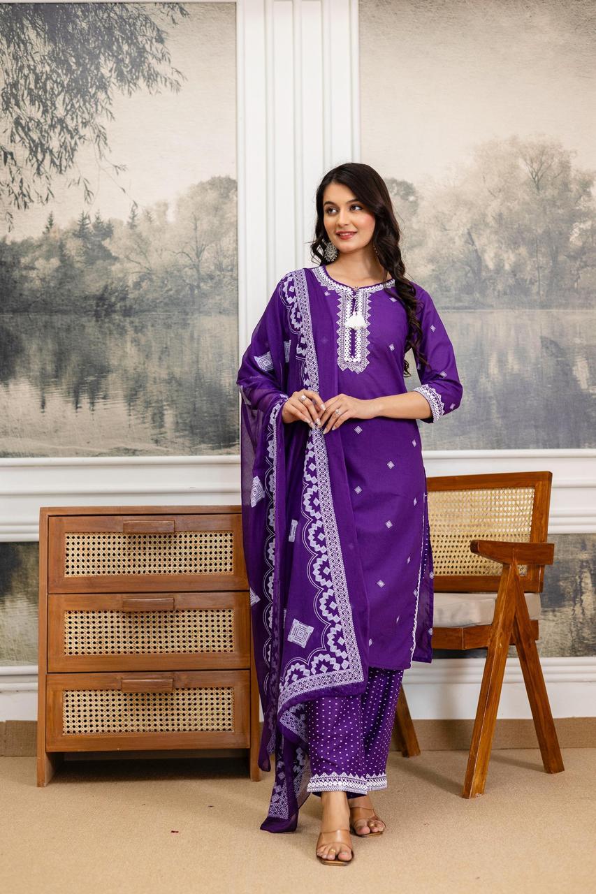 Purple Embroidered Cotton Kurta Set with Lace Border Dupatta