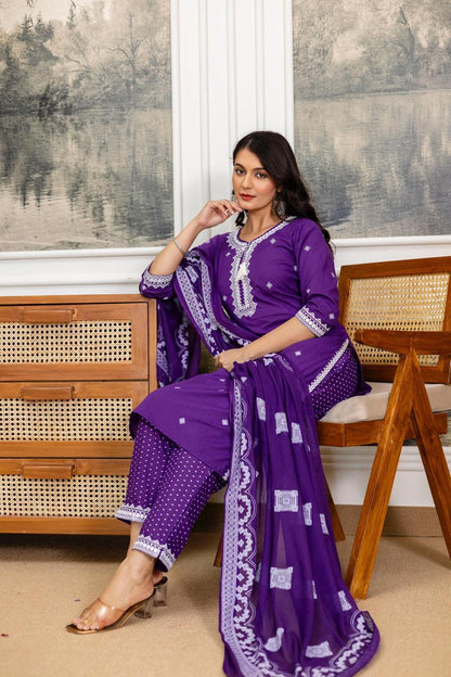 Purple Embroidered Cotton Kurta Set with Lace Border Dupatta