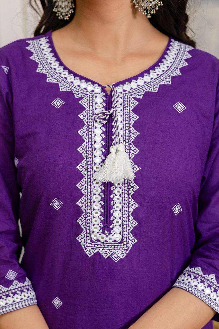Purple Embroidered Cotton Kurta Set with Lace Border Dupatta