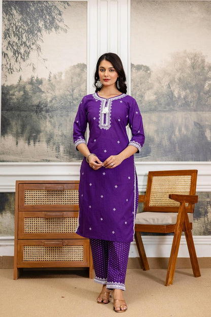 Purple Embroidered Cotton Kurta Set with Lace Border Dupatta