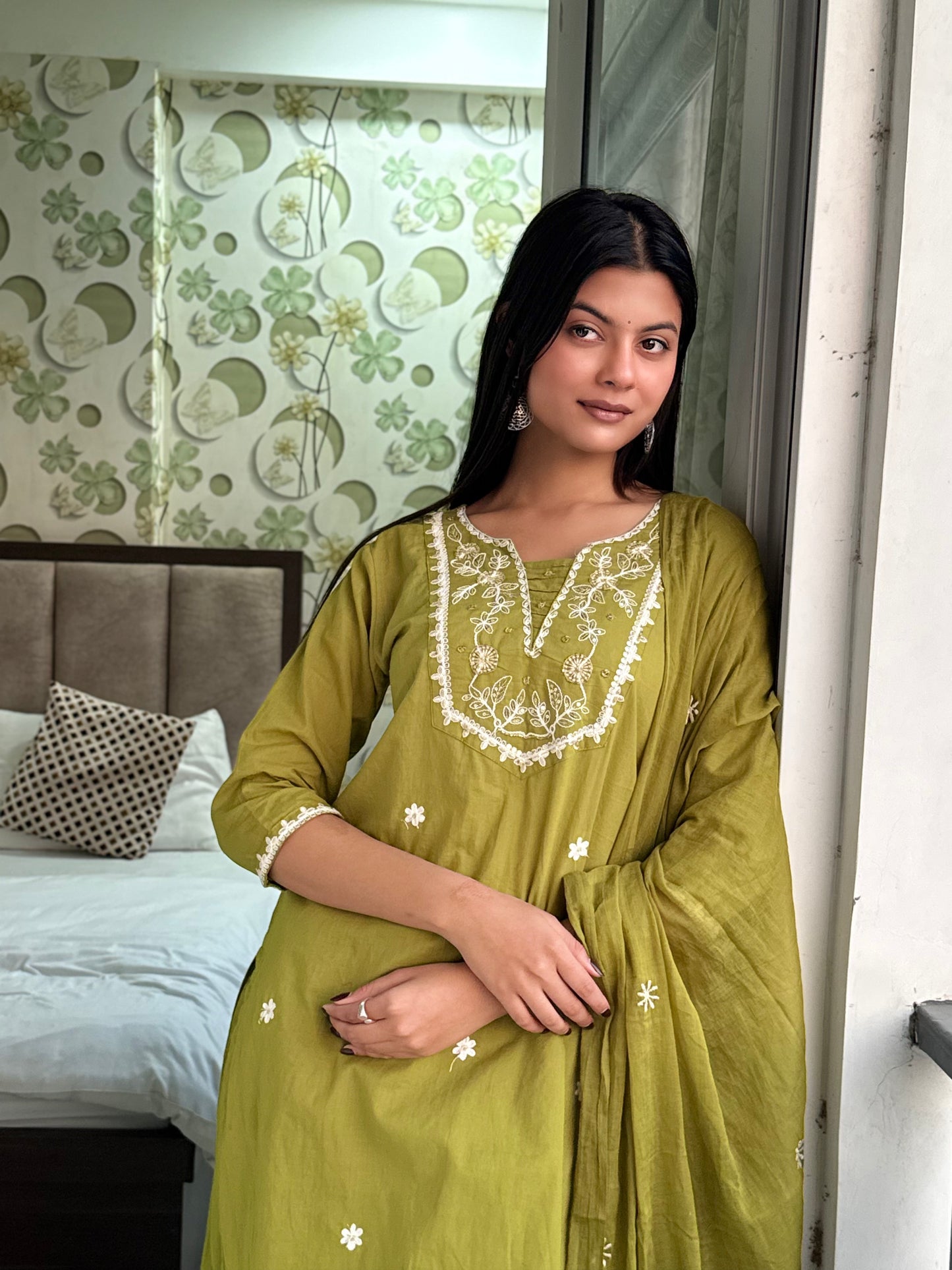 Olive Floral Embroidered Kurti Pant Suit Set With Dupatta