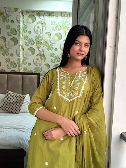 Olive Floral Embroidered Kurti Pant Suit Set With Dupatta