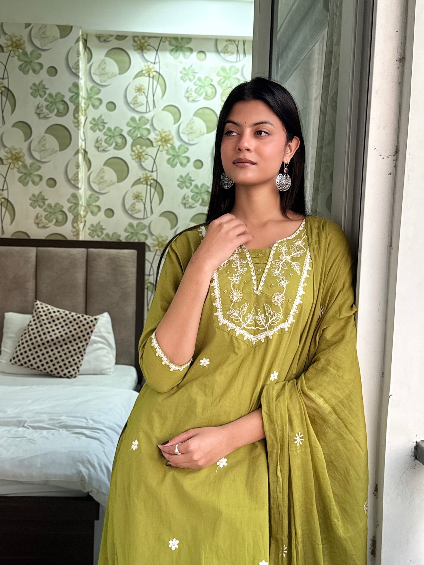 Olive Floral Embroidered Kurti Pant Suit Set With Dupatta