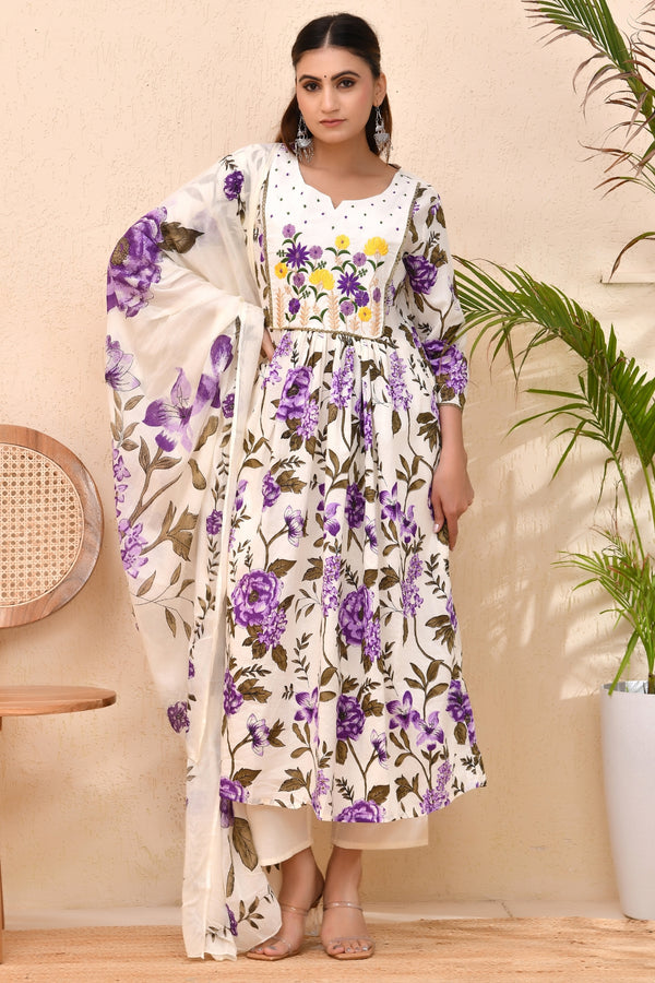 Ivory Purple Floral Anarkali Kurta Set with Dupatta – Blossom