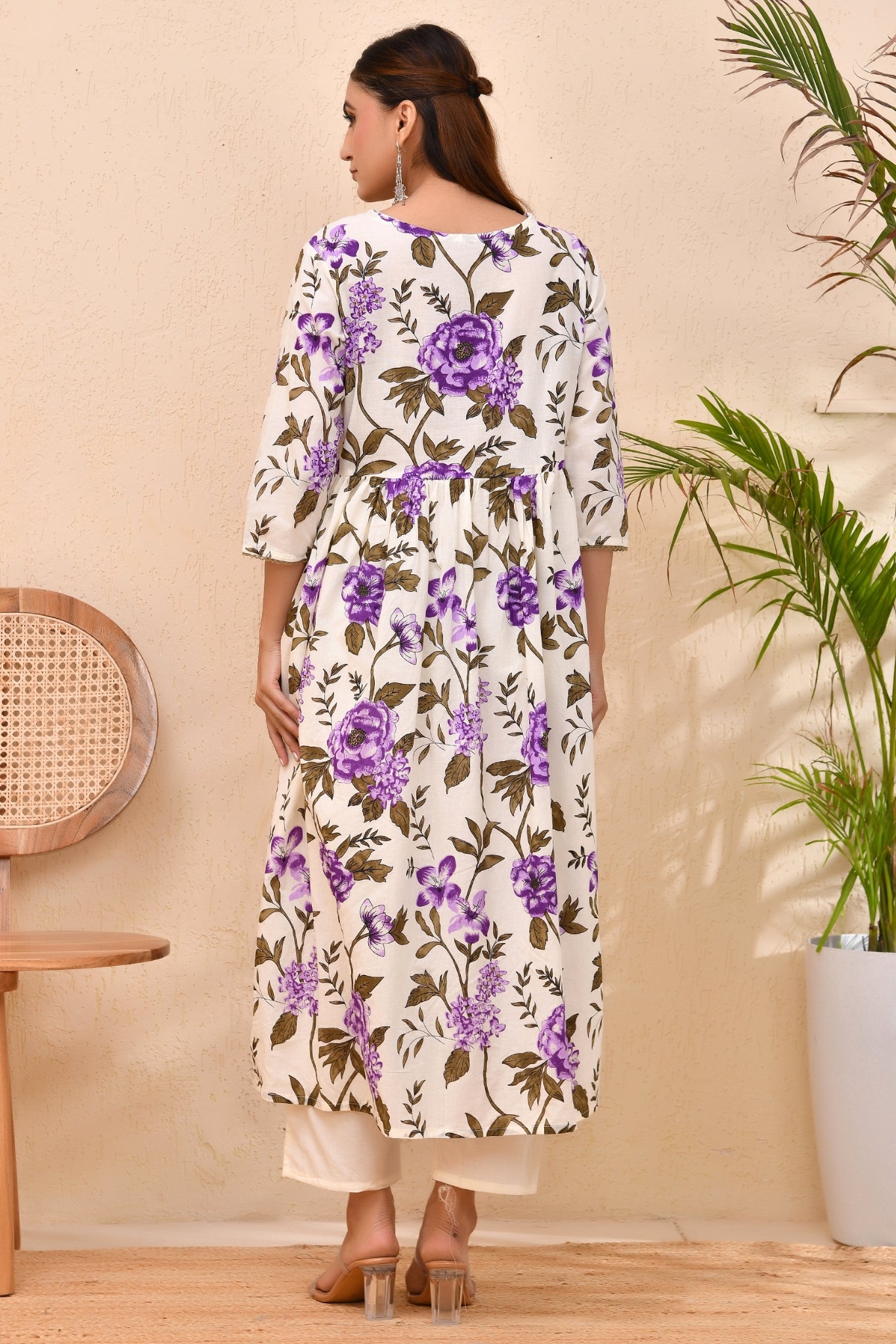 Ivory Purple Floral Anarkali Kurta Set with Dupatta – Blossom