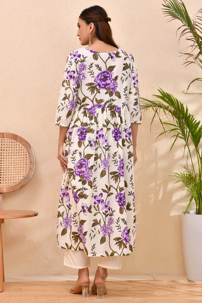 Ivory Purple Floral Anarkali Kurta Set with Dupatta – Blossom