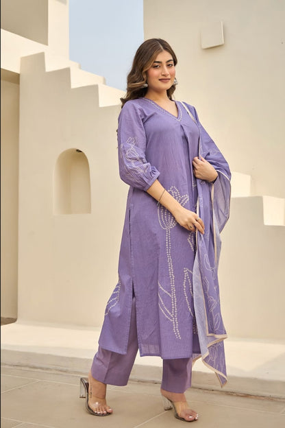 Lavender Embroidered Kurta Set with Dupatta