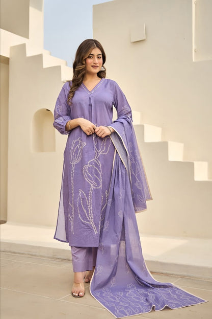 Lavender Embroidered Kurta Set with Dupatta