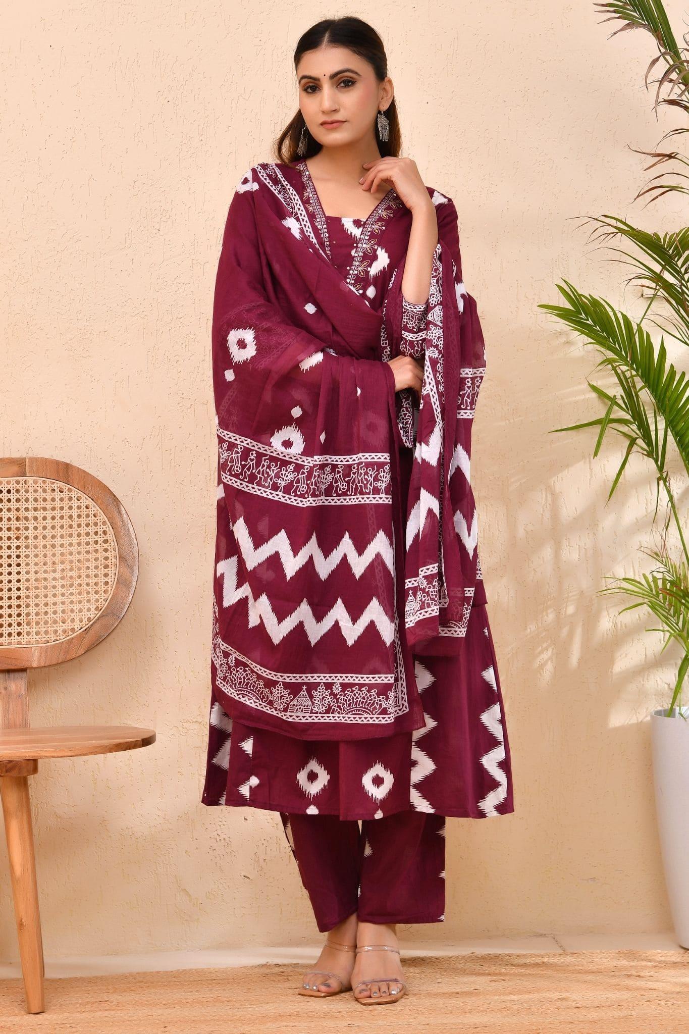 Maroon Bandhej Cotton Kurta Set with Dupatta – Raag Bandhej | Festive & Cultural Wear