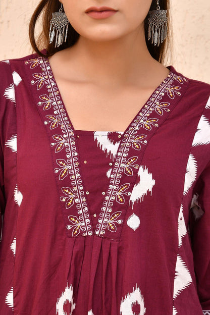 Maroon Bandhej Cotton Kurta Set with Dupatta – Raag Bandhej | Festive & Cultural Wear