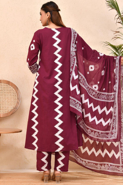 Maroon Bandhej Cotton Kurta Set with Dupatta – Raag Bandhej | Festive & Cultural Wear