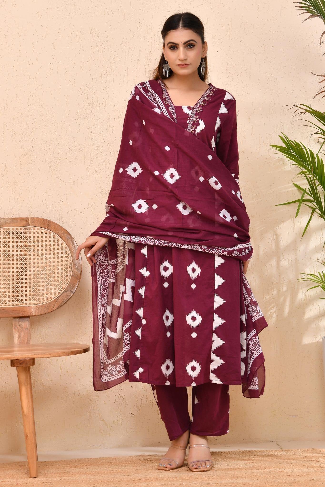 Maroon Bandhej Cotton Kurta Set with Dupatta – Raag Bandhej | Festive & Cultural Wear
